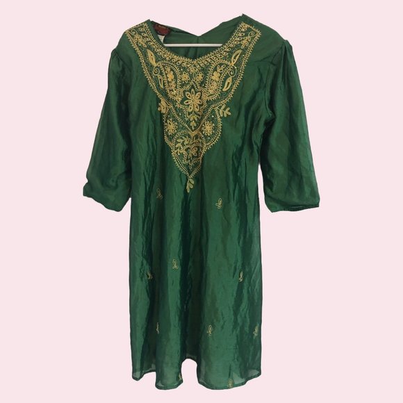 Handmade Embroidered Kurta Set With Green Lucknowi Chikankari Straight Kurta - Picture 1 of 14